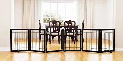 PAWLAND 144-inch Extra Wide 30-inches Tall Dog gate with Door Walk Through, Freestanding Wire Pet Gate for The House, Doorway, Stairs, Pet Puppy Safety Fence, Support Feet Included