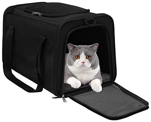 WDM Cat Carrier Dog Carrier, Pet Travel Carrier Airline Approved for Small Dogs Puppies Large Cat, Soft Sided Collapsible Puppy Carrier with Locking Safety Zippers, Removable Fleece Pad and Pockets