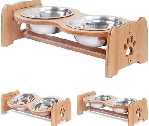 X-ZONE PET Raised Pet Bowls for Cats and Dogs, Adjustable Bamboo Elevated Dog Cat Food and Water Bowls Stand Feeder with 2 Stainless Steel Bowls and Anti Slip Feet