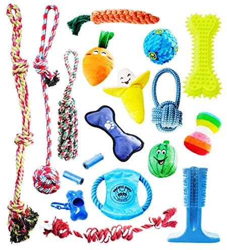 Pacific Pups Products supporting PacificPupRescue.com - 18 Piece Dog Toy Set with Dog Chew Toys, Rope Toys for Dogs, Plush Dog Toys and Dog Treat Dispenser Ball - Supports Non-Profit Dog Rescue