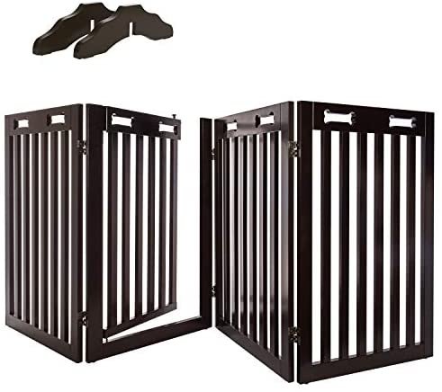 Arf Pets Free Standing Wood Dog Gate with Walk Through Door, Expands Up to 80" Wide, 31.5" High - Bonus Set of Foot Supporters