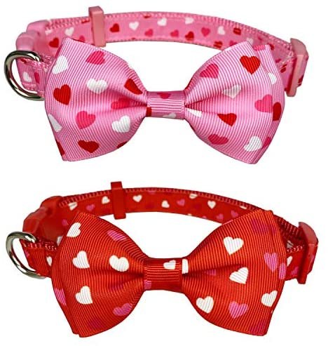 Pohshido 2 Pack Valentine's Heart Dog Collar with Bow Tie, Holiday Cute Collar for Small Dogs Puppy Pets. (Love Song, Small-(11"-17") Neck 5/8" Wide)